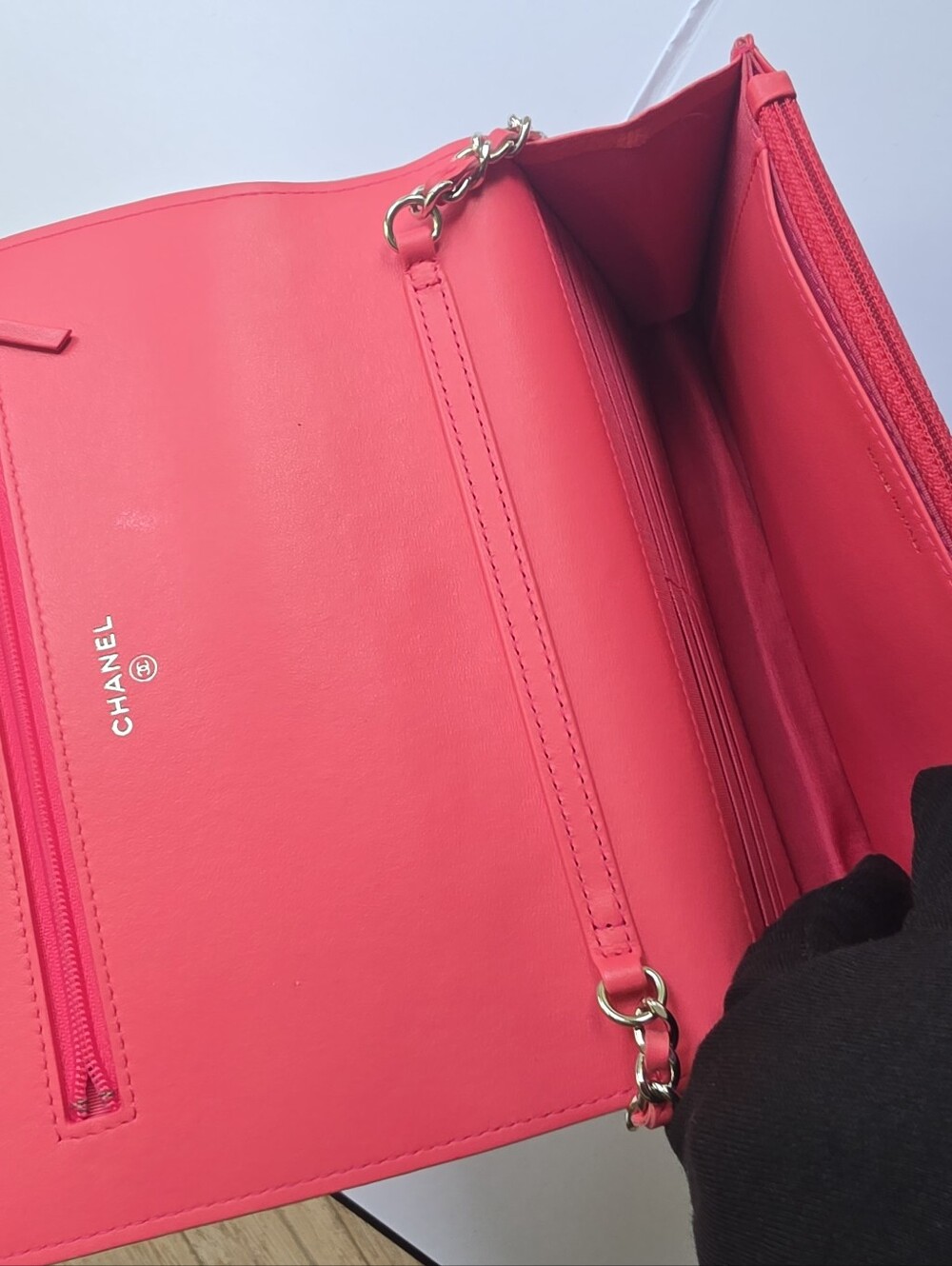 CHANEL Coral Caviar Leather, Camellia-Embossed Mini Cross Body Wallet - Picture 10 of 12